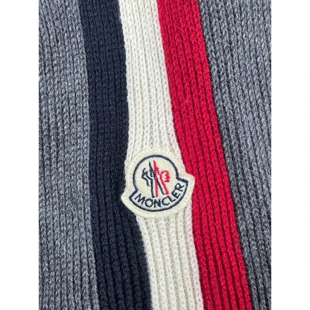 Moncler Wool Scarf Gray Red‎ Navy Stripe Logo Fringe Unisex - Picture 10 of 16